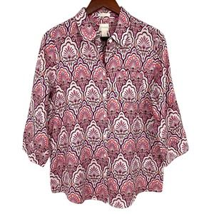 Chicos 100% LINEN No Iron Sz 1 MEDIUM Pink Paisley Blouse Shirt Top Beach Comfy